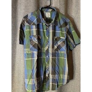Lucky Brand Western Shirt Mens XL Blue Green Plaid Pearl Snap Cowboy Sportswear